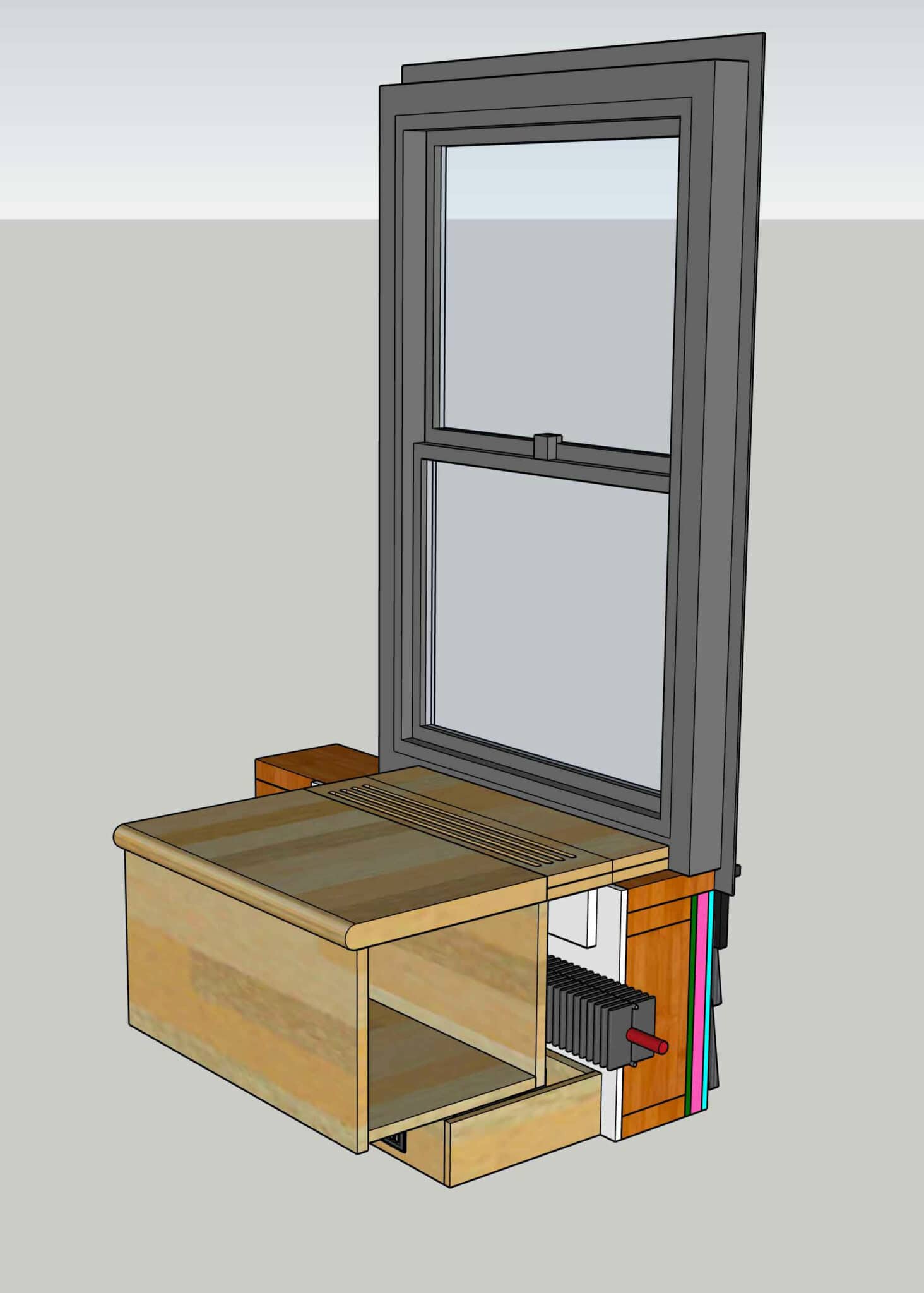 A 3D rendering of a window built-in, detailing how the window, baseboard heat, and built-in storage will work together.