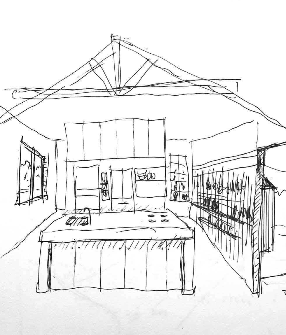 A sketch of a kitchen redesign, with valued ceilings and wooden bracket beams, an island, and wall storage.