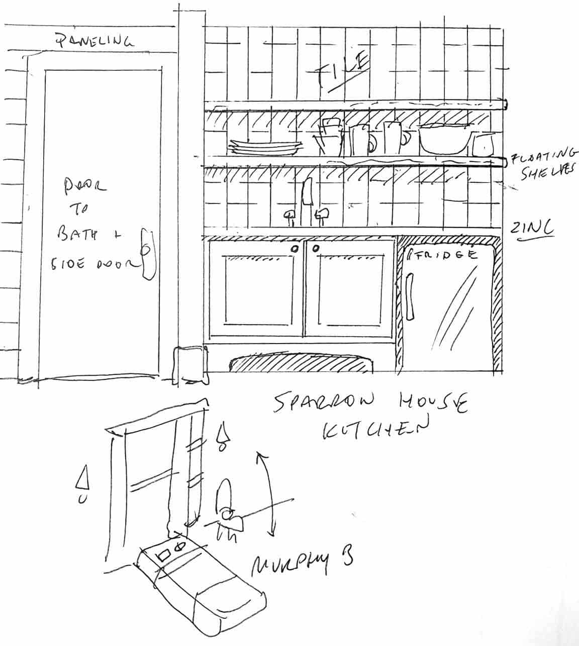 A technical planning drawing of the interior of the studio, and below, a rendering of the Murphy bed.